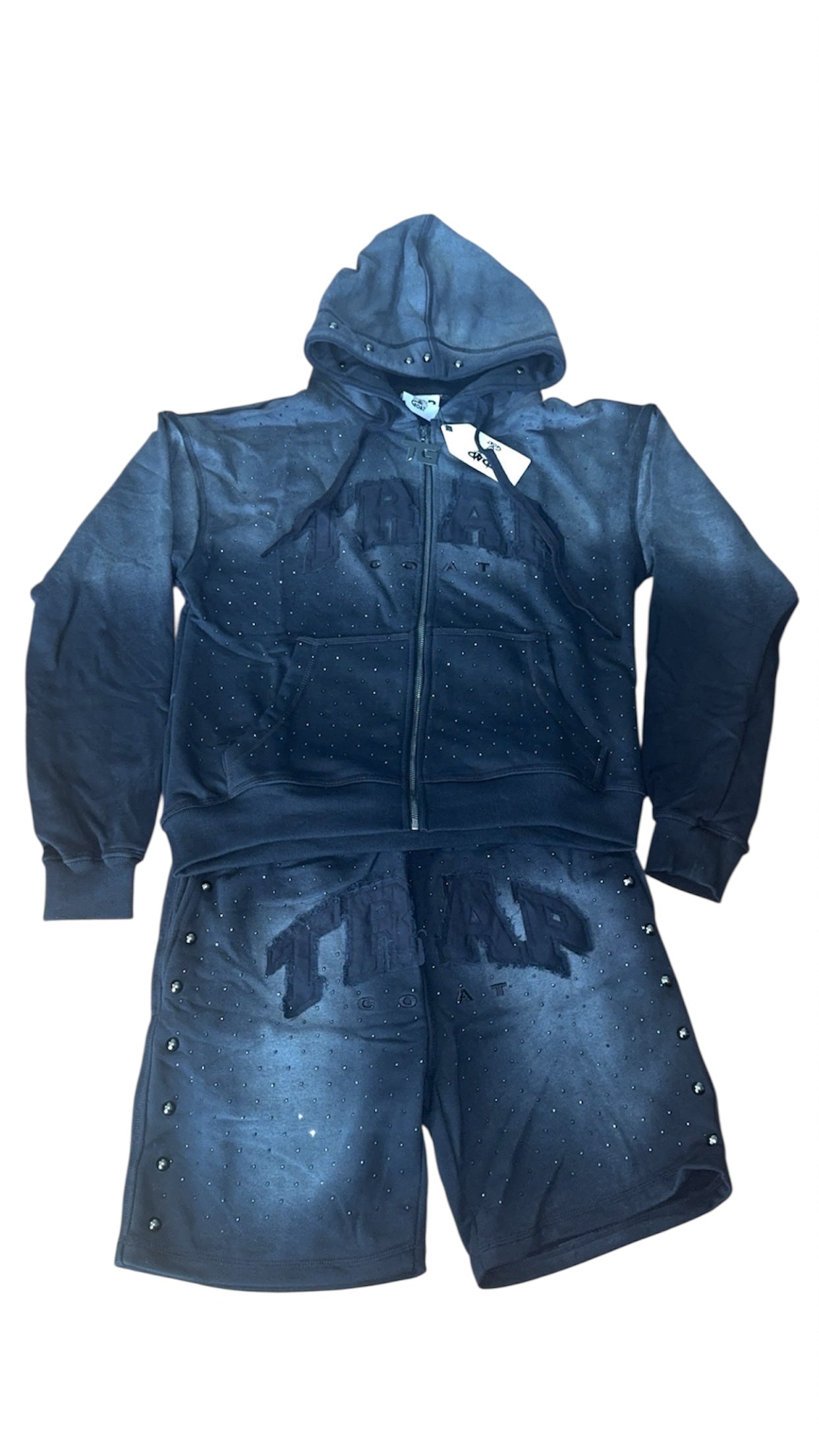 Trap Goat Short & Hoodie Set (Sun fade triple black diamond studded)