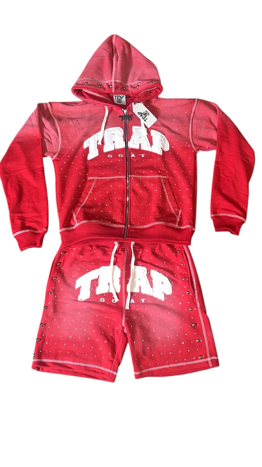 Trap Goat Short & Hoodie Set  (Sun fade red and white)