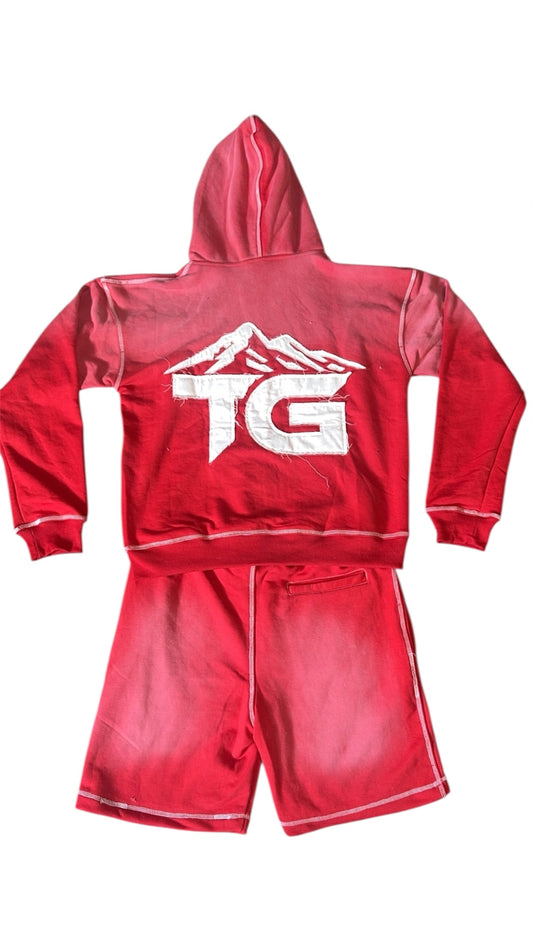 Trap Goat Short & Hoodie Set  (Sun fade red and white)